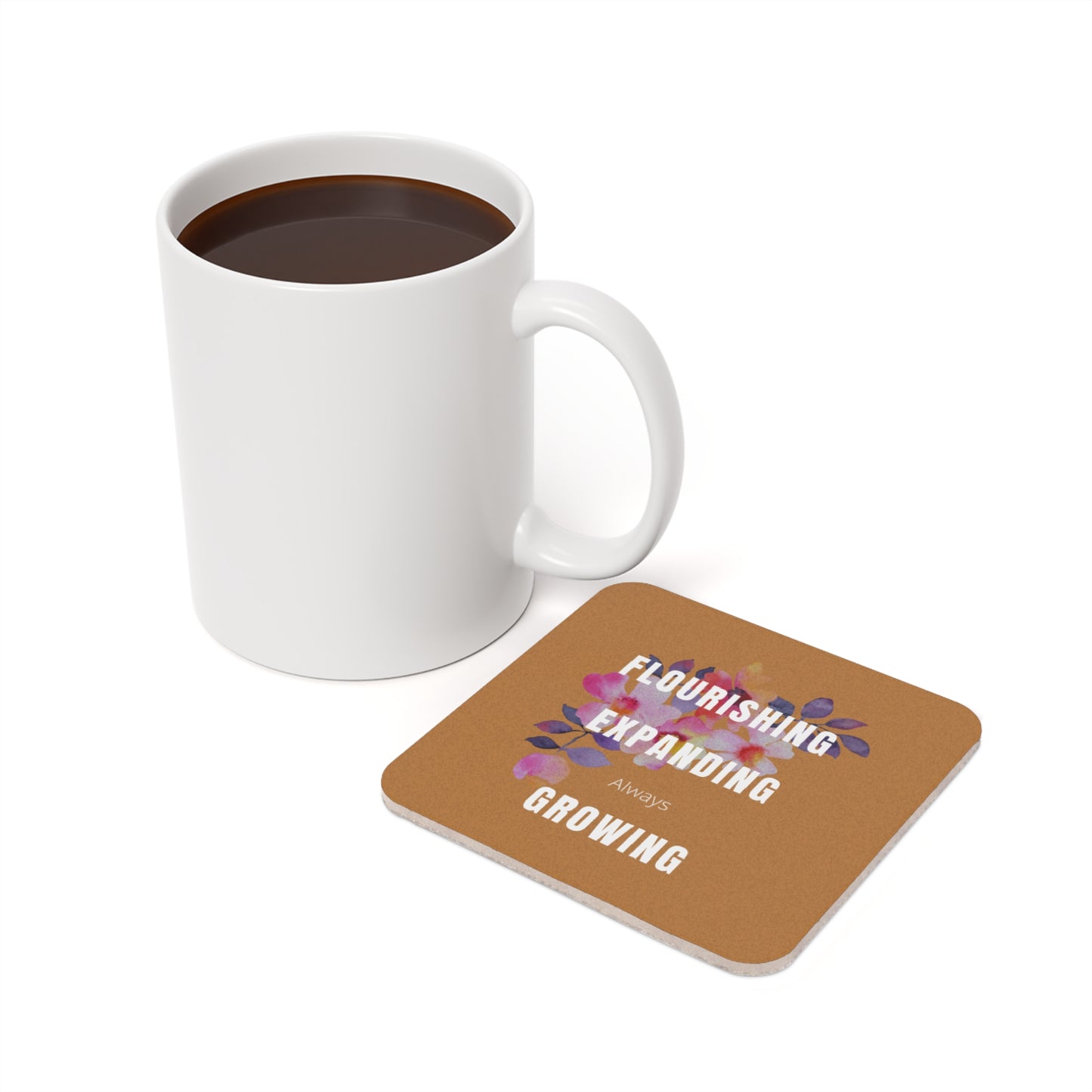 Floral Inspirational Cork Back Coaster - Flourishing, Expanding, Growing, Home Decor, Gift, Coffee Table Accessory, Kitchen Decor